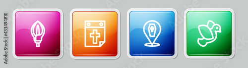 Set line Lily flower, Calendar death, Coffin with cross and Dove. Colorful square button. Vector