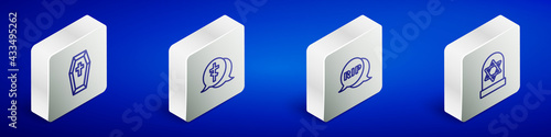Set Isometric line Coffin with cross, Grave, Speech bubble rip death and star david icon. Vector