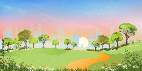 Spring landscape at city park in the morning, Natural public park with flowers blooming in the garden, Peaceful scene of green fields with blurry cityscape building, cloudy and sun on summer