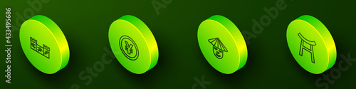 Set Isometric line Great wall of China, Chinese Yuan currency, man and Japan Gate icon. Vector