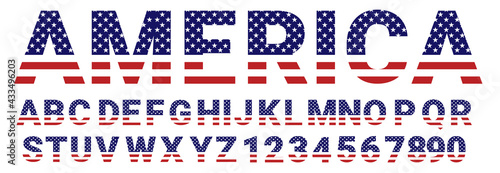 USA National Flag stylized flat Font. Alphabet and Numbers in Vector Set.  usa flag font a to z. Alphabet and Numbers usa flag. usa, us, united states of america Alphabet and Number.