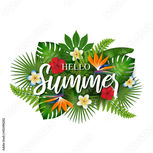 Hello summer background with tropical flowers and leaves