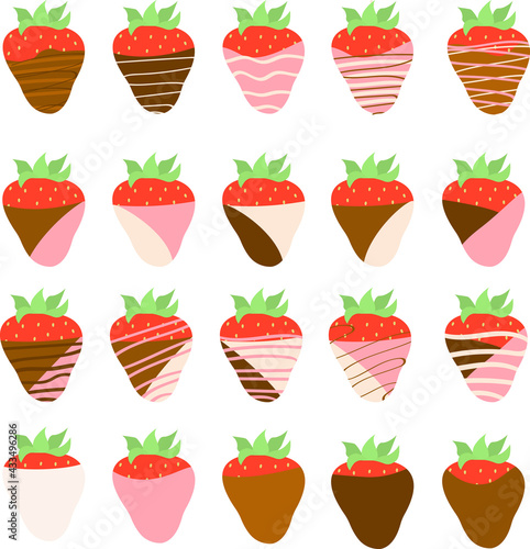 Vector set of chocolate covered strawberries. Berries in white, milk, black and strawberry chocolate.