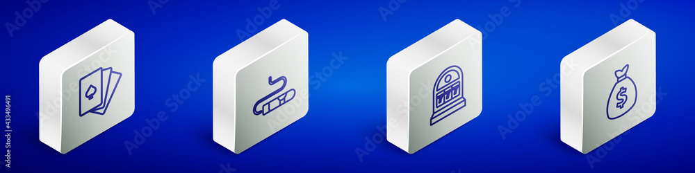 Set Isometric line Deck of playing cards, Cigar, Slot machine with jackpot and Money bag icon. Vector