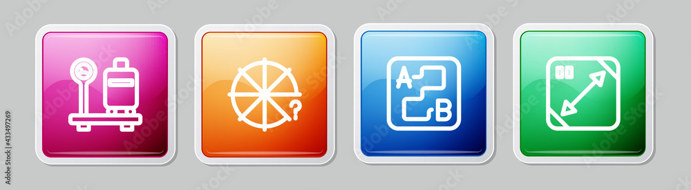 Set line Scale with suitcase, Circle of pieces, Route location and Diagonal measuring. Colorful square button. Vector Set line Scale with suitcase, Circle of pieces, Route location and Diagonal measuring. Colorful square button. Vector