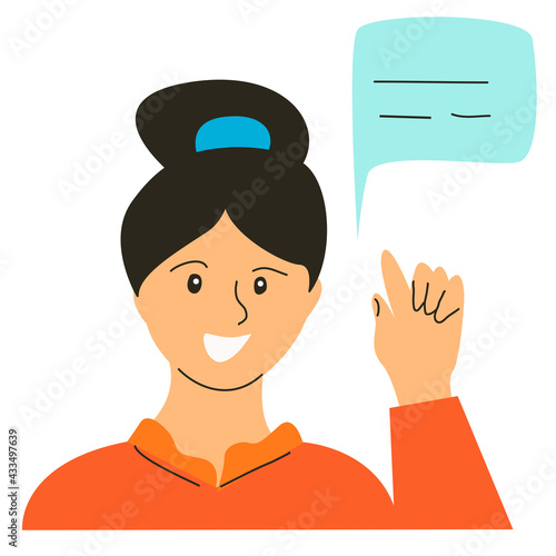 The girl gives advice and holds her hand up.