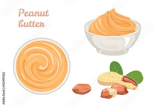 Peanut butter in bowl and nuts set. Swirl of sweet nutty cream. Vector illustration in cartoon flat style.