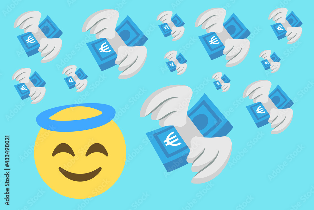 smiling face with halo and euro money with wings,contribution,charity,donation,fundraising,help civilians,refugees,concept vector illustration smiling face with halo and euro money with wings,contribution,charity,donation,fundraising,help civilians,refugees,concept vector illustration