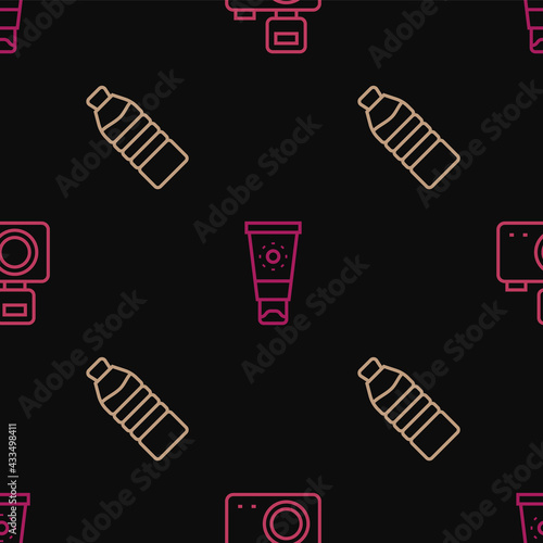 Set line Photo camera with flash, Bottle of water and Sunscreen cream in tube on seamless pattern. Vector