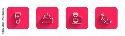 Set line Sunscreen cream in tube, Cruise ship, Photo camera with flash and Watermelon with long shadow. Red square button. Vector