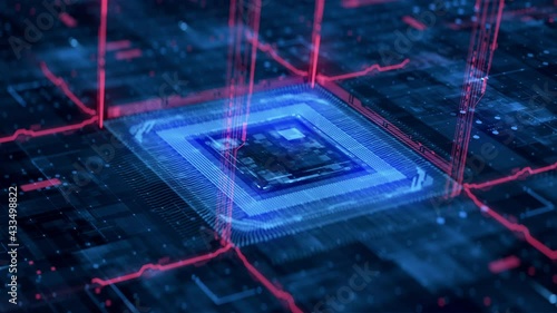 Technology Background Futuristic CPU Circuit. 3D Visualization AI Processor Power. Colorful Blue Bright Digitalization Process. HUD Data Transmission in Board Chip Virtual Computer Animation Closeup
