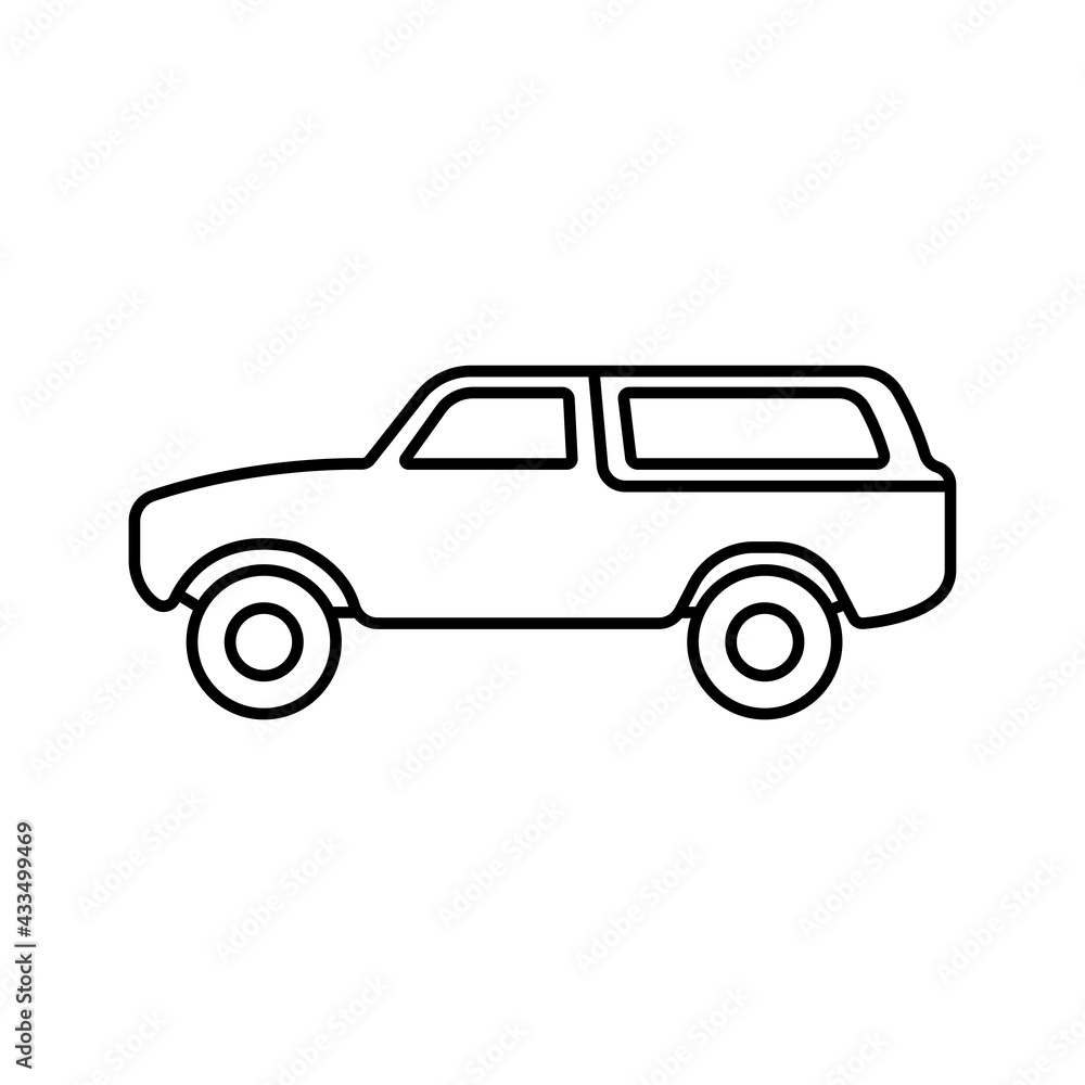 SUV icon. Off-road vehicle. Black contour linear silhouette. Side view. Vector simple flat graphic illustration. The isolated object on a white background. Isolate.