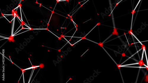 Abstract background with interweaving of colored lines and dots. Network connection structure. Data exchange. Digital technology. 3D rendering.