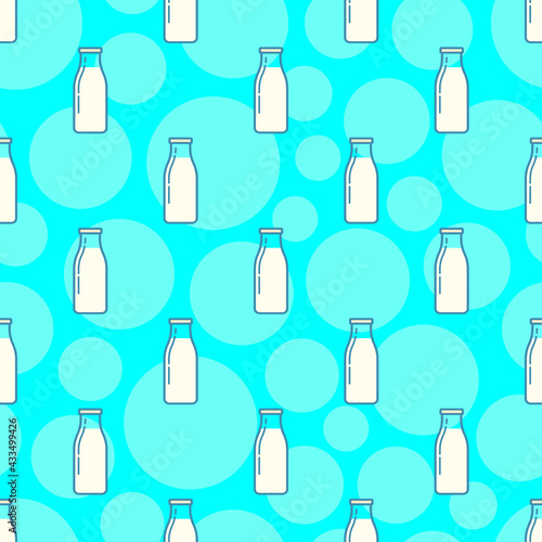 White glass milk bottles isolated on blue background. Cute linear seamless pattern. Vector simple flat graphic illustration. Texture.