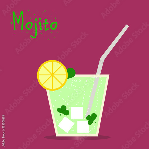A glass of mojito and a cocktail straw. 