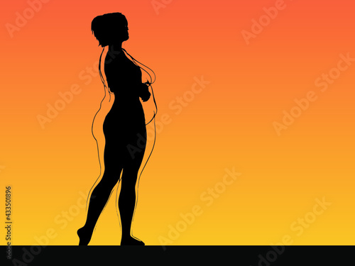 Vector conceptual fat overweight obese female vs slim fit healthy body after weight loss or diet with muscles thin young woman over sunset. Fitness, nutrition or fatness obesity, health shape