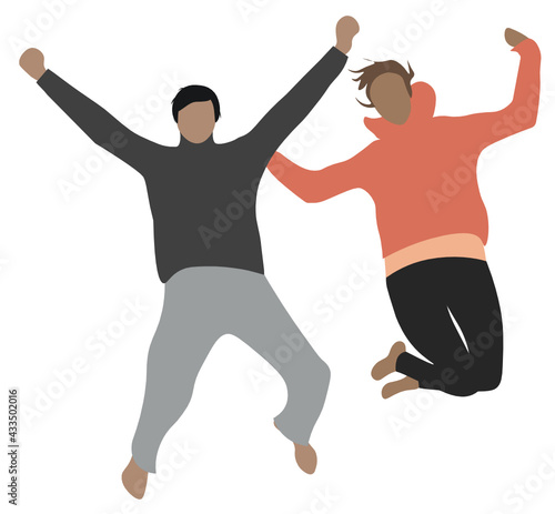Dos personas saltando con los brazos arriba. Fondo transparente