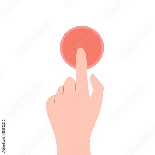 Vector illustration with hand and finger press red button. Social media and marketing concept. Action to start. Touch concept in flat cartoon style. Isolated on white background