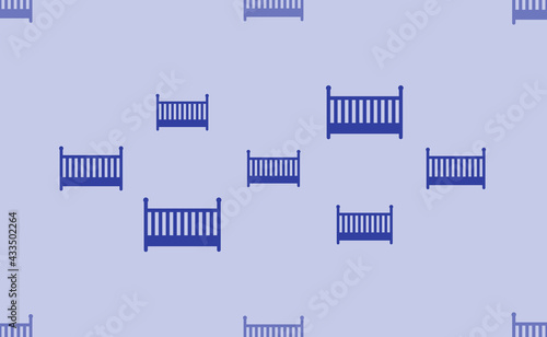 Seamless pattern of large isolated blue baby cot symbols. The pattern is divided by a line of elements of lighter tones. Vector illustration on light blue background