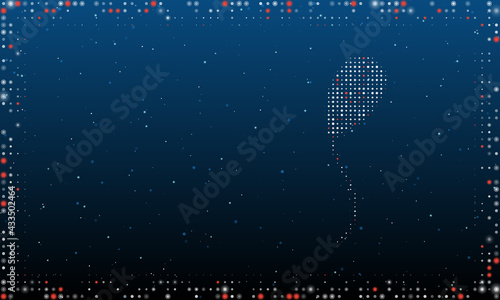 On the right is the balloon symbol filled with white dots. Pointillism style. Abstract futuristic frame of dots and circles. Some dots is red. Vector illustration on blue background with stars