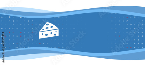 Blue wavy banner with a white cheese symbol on the left. On the background there are small white shapes, some are highlighted in red. There is an empty space for text on the right side