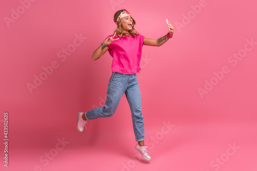 pretty cute smiling woman in pink shirt boho hippie style accessories smiling