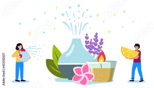 Decorative ultrasonic home diffuser and lavender flowers for meditation and freshness at home Aromatherapy Concept of a home spa and wellness space with tiny people flat vector illustration