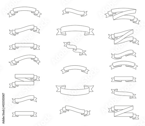 Set of ribbons isolated in outline style. Vector illustration design elements for promotion and announcement with copy space. Decorative template.