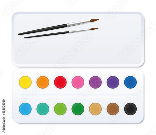 Watercolor paint box with paintbrushes and open lid and fourteen round paint pots. Isolated vector illustration on white background.
