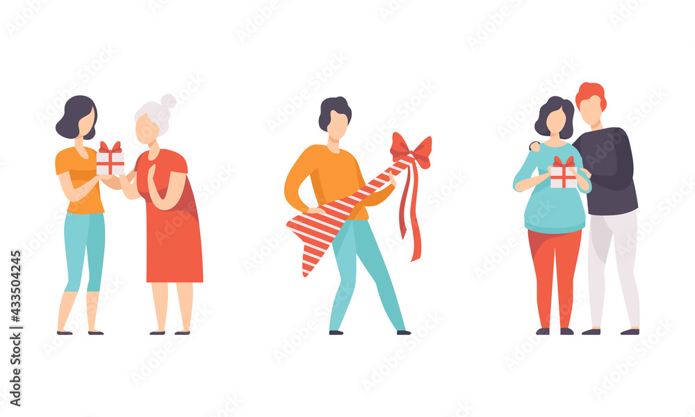 Fototapeta premium People Giving Gifts Set, Men and Women Celebrating Birthday Flat Vector Illustration