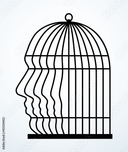 Iron cage in form of man face. Vector drawing icon