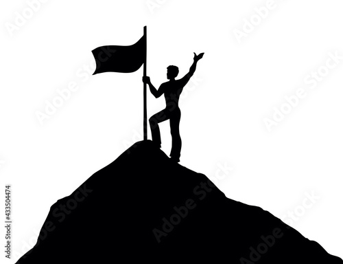 The man put the flag on the top of the mountain. Vector drawing