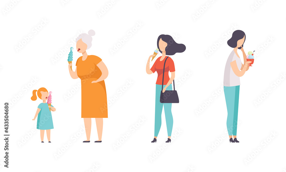 People Eating Ice Cream Set, Happy People Enjoying Eating of Delicious Desserts Flat Vector Illustration People Eating Ice Cream Set, Happy People Enjoying Eating of Delicious Desserts Flat Vector Illustration