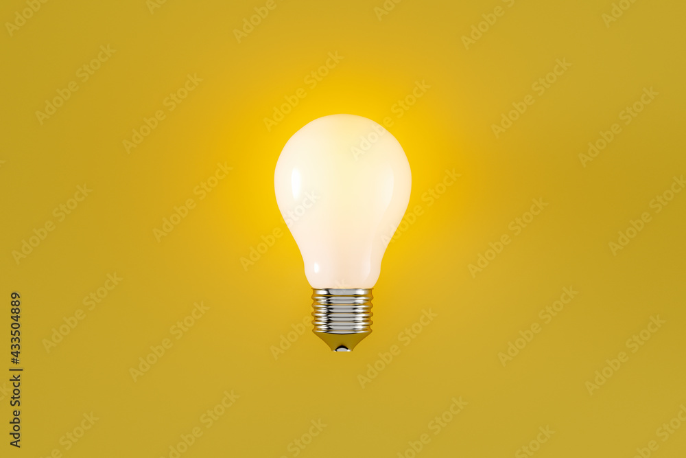 glowing classic light bulb with filament on yellow background, web banner or template, 3d rendering