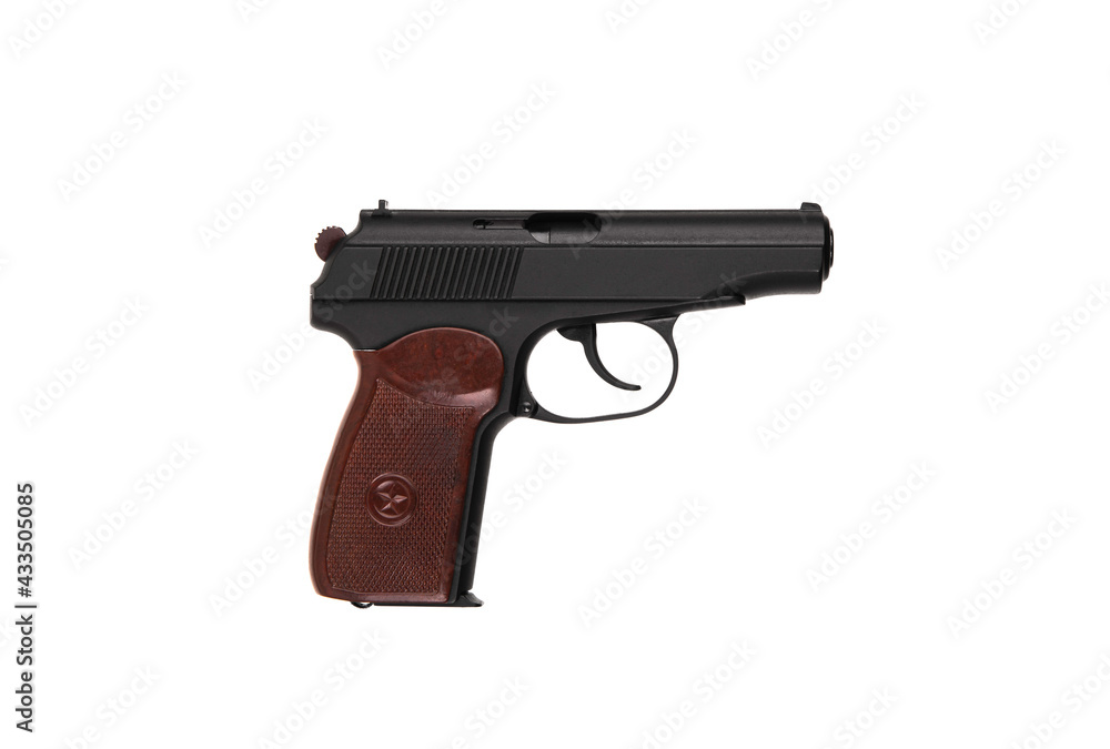 Soviet classic semi-automatic 9mm pistol. Police and military weapons. Black PM pistol with brown grip isolate on white back Soviet classic semi-automatic 9mm pistol. Police and military weapons. Black PM pistol with brown grip isolate on white back