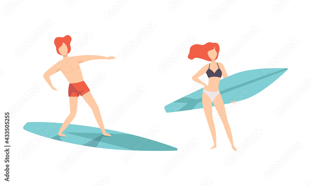 Set of People in Swimwear Surfing in Sea, Young Man and Woman Surfers in Beachwear Performing Leisure Outdoor Activities at Beach with Surfboards Flat Vector Illustration
