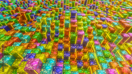 abstract background from multicolored rows of cubes with a glowing texture. 3d render illustration