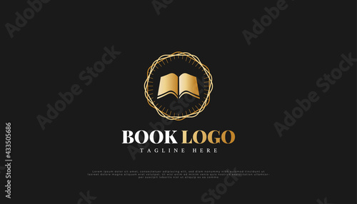 Luxury Book Logo in Gold Gradient and Vintage Style. Usable for Business and Education Logos. Book Logo