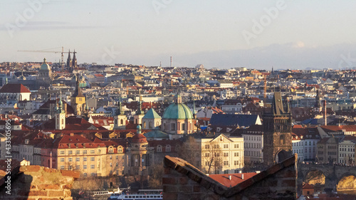 View of the Old Town area of Prague from a high point. View of the roofs of the building of the Old Place district. Prague, Czech Republic