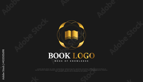 Luxury Book Logo in Gold Gradient and Vintage Style. Usable for Business and Education Logos. Book Logo