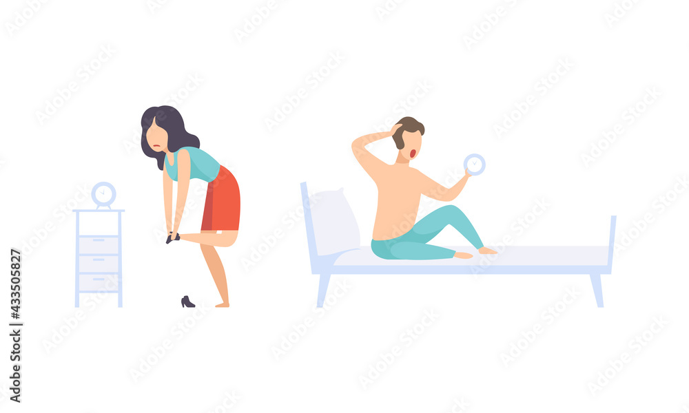Set of People Getting Up, Young Man and Woman Awakening in their Beds Flat Vector Illustration Set of People Getting Up, Young Man and Woman Awakening in their Beds Flat Vector Illustration