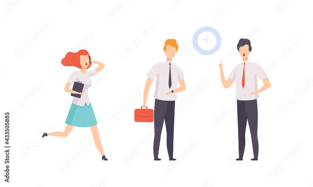 Business Person Rushing in Hurry to Get on Time Set, Punctual and Unpunctual Office Workers Characters Flat Vector Illustration Business Person Rushing in Hurry to Get on Time Set, Punctual and Unpunctual Office Workers Characters Flat Vector Illustration