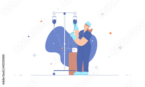 Nurse illustration in flat style. Medical assistant with blue medical gloves prepares an IV for the patient