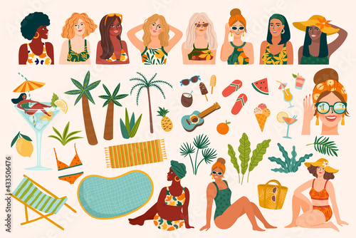 Vector set of summer illustrations. Cute women, tropical beach, holliday, vacation, travel. Design elements