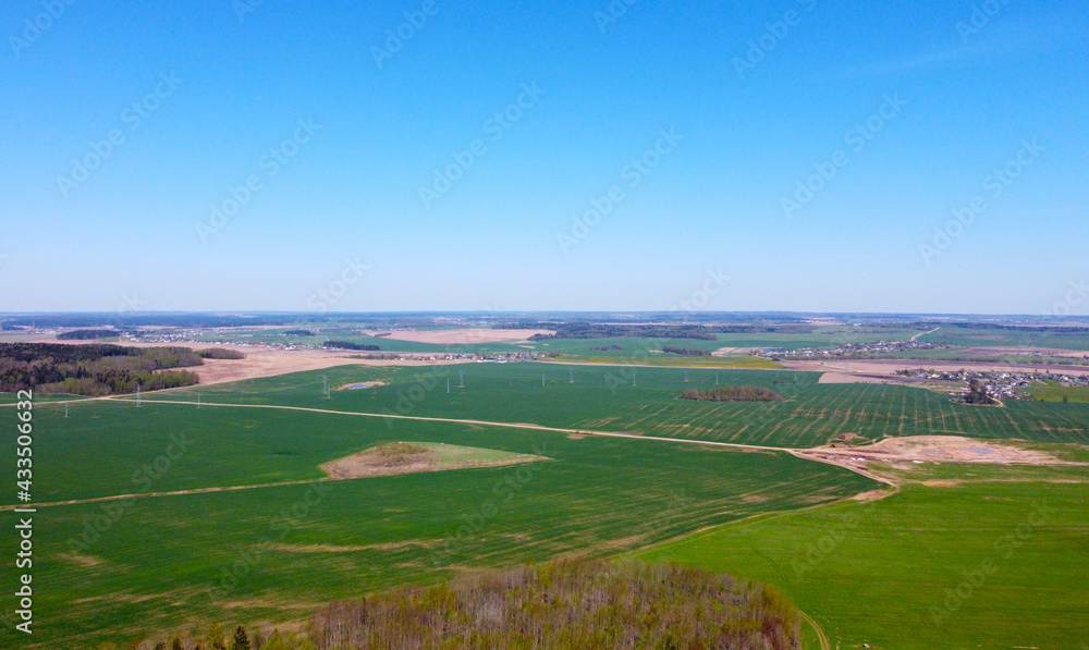 Aerial view of the summer landscape with green fields and meadows