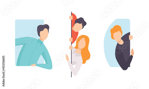 Set of Curious People, Male and Female Characters Peeping and Looking out of Windows Flat Vector Illustration