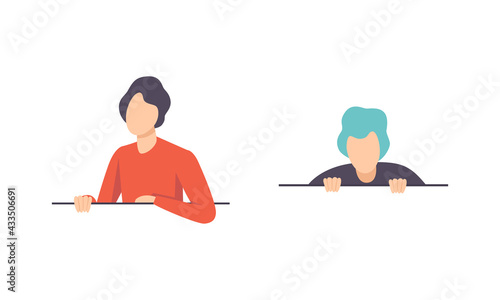 Set of Curious People, Male Characters Peeking Out from Behind the Wall Flat Vector Illustration