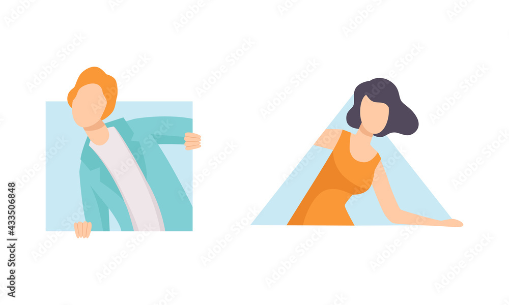 Set of Curious People, Female Characters Peeping and Looking out of Windows of Geometric Shapes Flat Vector Illustration