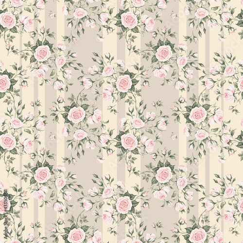 Seamless floral pattern drawn by paints on paper blooming branches of roses. Beautiful print for textile and design. 