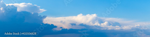 Panorama of blue sky with dark and light clouds